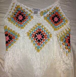 Vivid Colorful Crochet Fringe Blouse Euc Sz XL